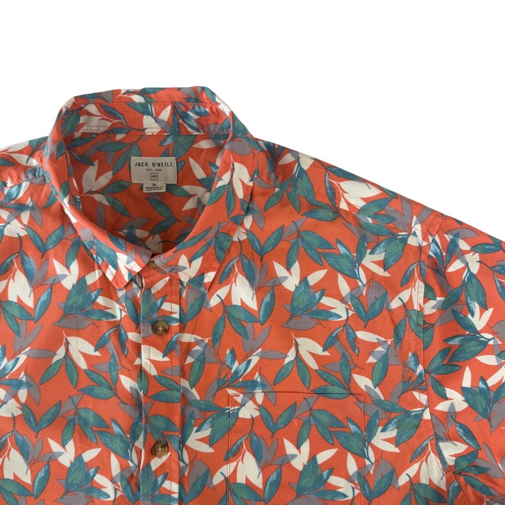 Jack O'Neill Mens‎ XL Standard Fit Short Sleeve Tropical Leaf Print Shirt Orange